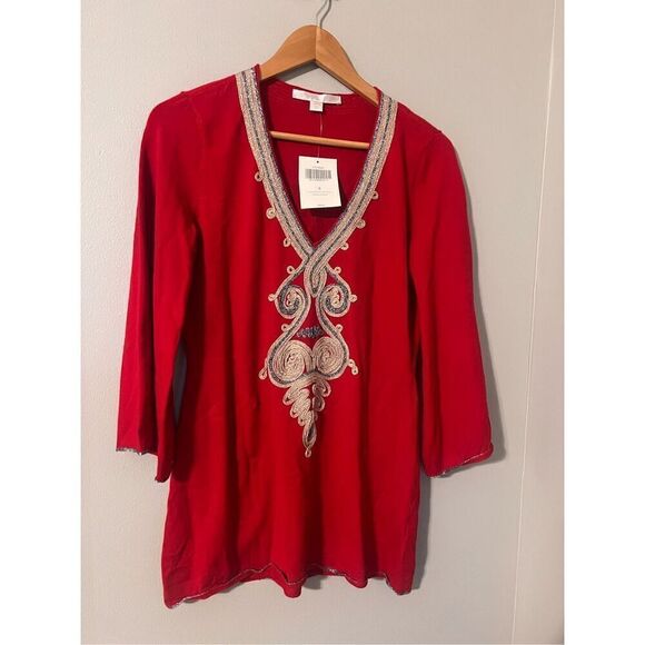 Boston Proper Women's S Heartthrob Embroidered Tunic Sweater Red Artsy Hippie - Picture 2 of 9